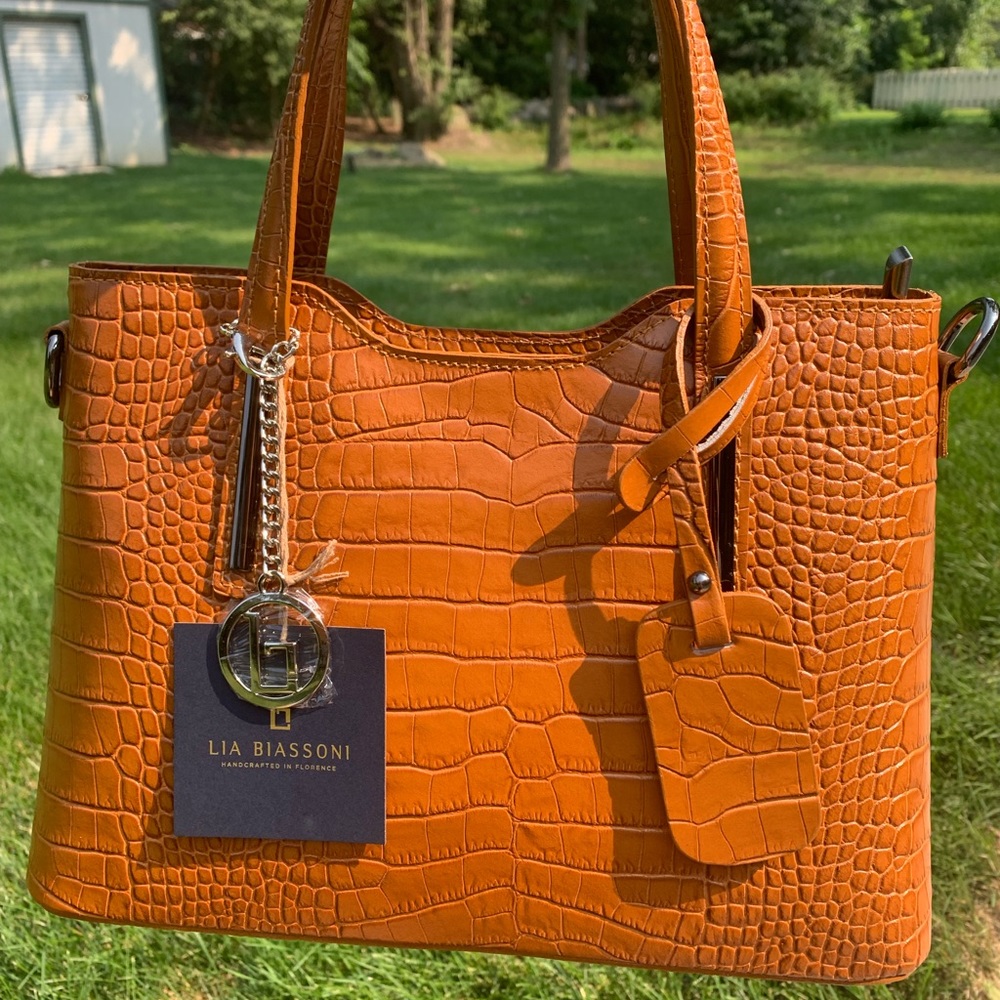 Lia Biassoni Senape Croc-Embossed Leather Satchel